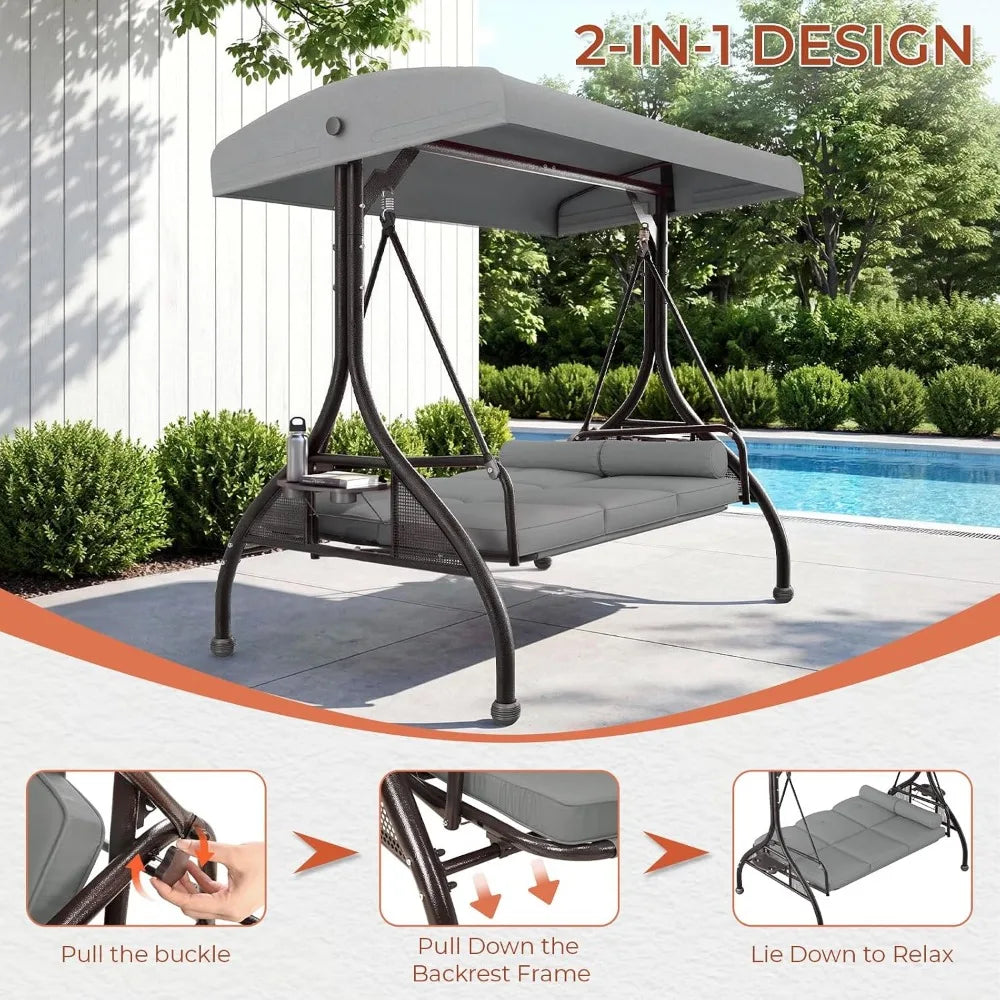 Adjustable Canopy Porch Swing, 800 lbs Capacity, 3-Seat with Cup Holder and Cushions, Ideal for Yard or Garden, Grey