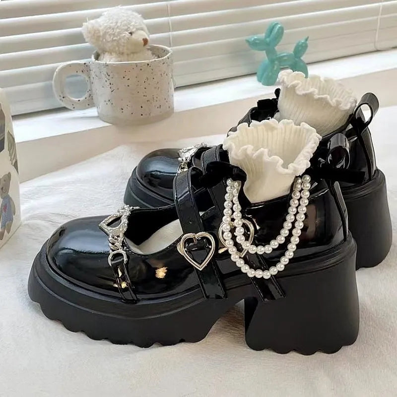 2024 Sweet Heart-Shaped Buckle Lolita Shoes Women Patent Leather Platform Mary Janes Chunky Heels Pumps
