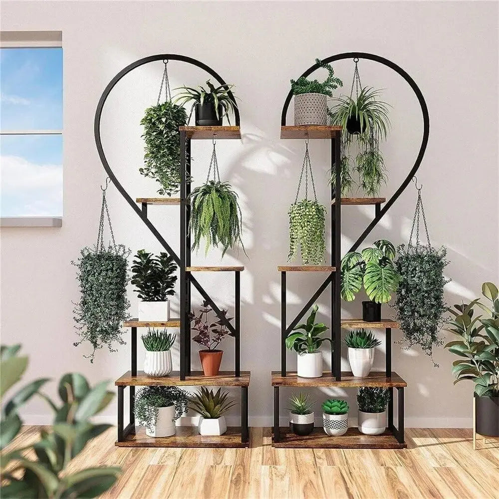 Double-Tiered Heart-Shaped Plant Stand with 20 Pots, Ladder Style Hanging Rack for Garden Display