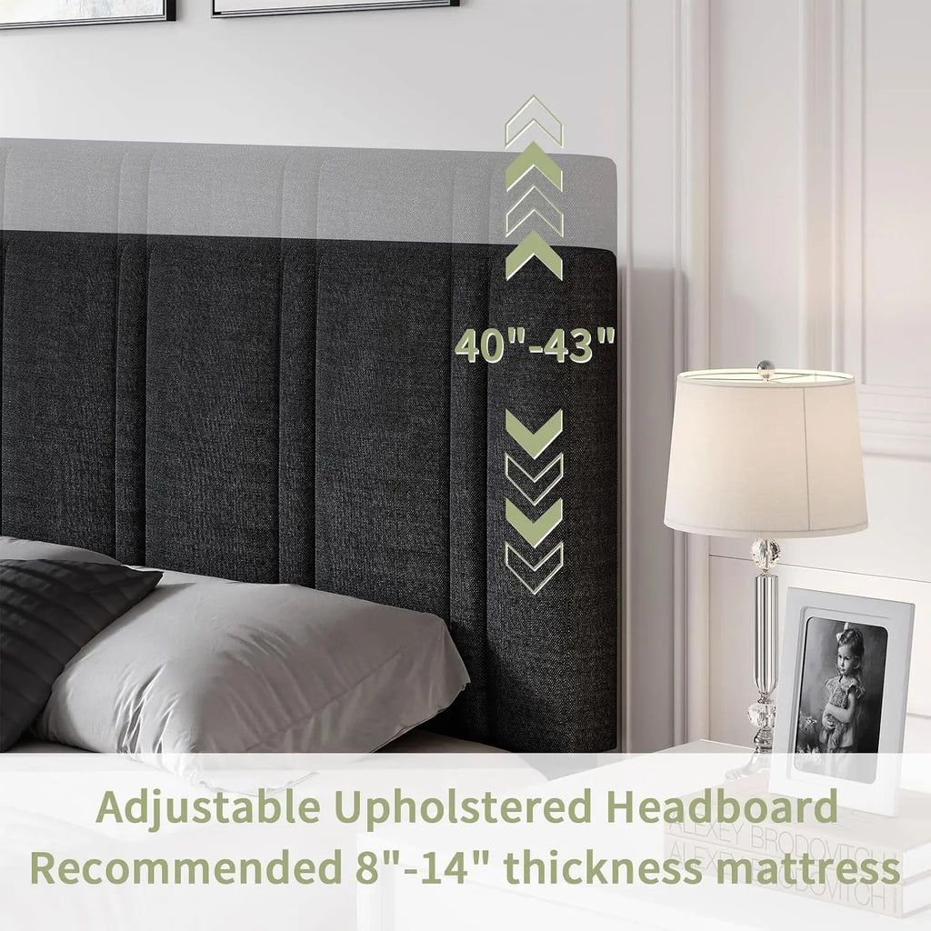 Twin Bed Frame with Adjustable Upholstered Headboard, Linen Fabric Platform Bed with Heavy Duty Wood Slats, Noise-Free,, Custom