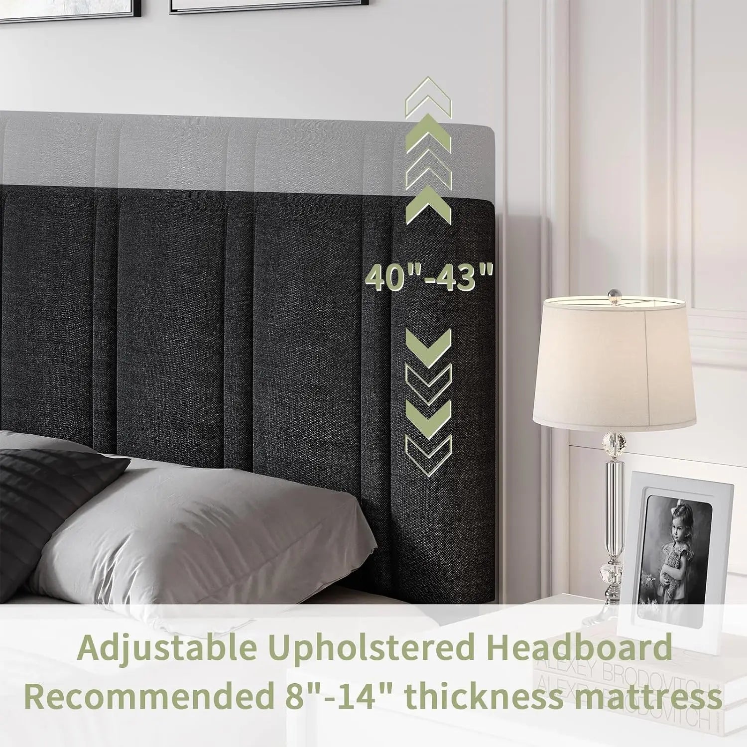 Twin Bed Frame with Adjustable Upholstered Headboard, Linen Fabric Platform Bed with Heavy Duty Wood Slats, Noise-Free,, Custom