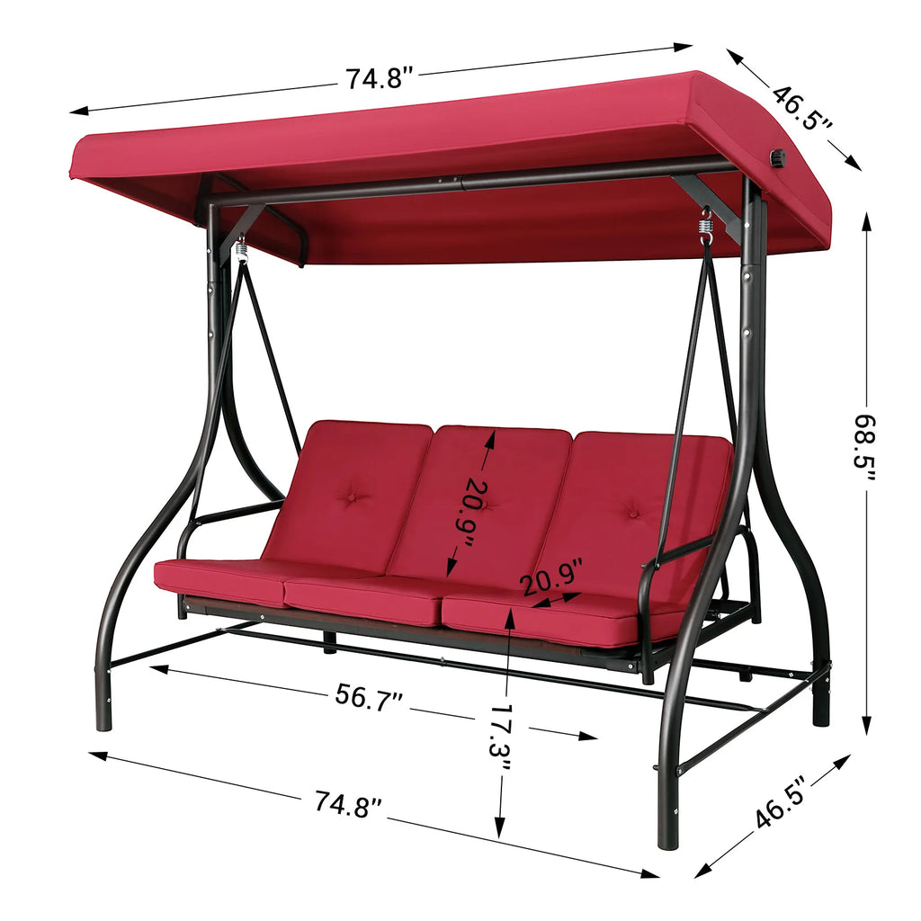 AOOU 3-Seat Patio Chair Deluxe Porch Swing with Adjustable Canopy Removable Cushion
