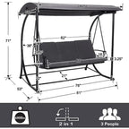 Adjustable 2-in-1 Porch Swing Bed with Cushion, Outdoor Swing Bench, Grey