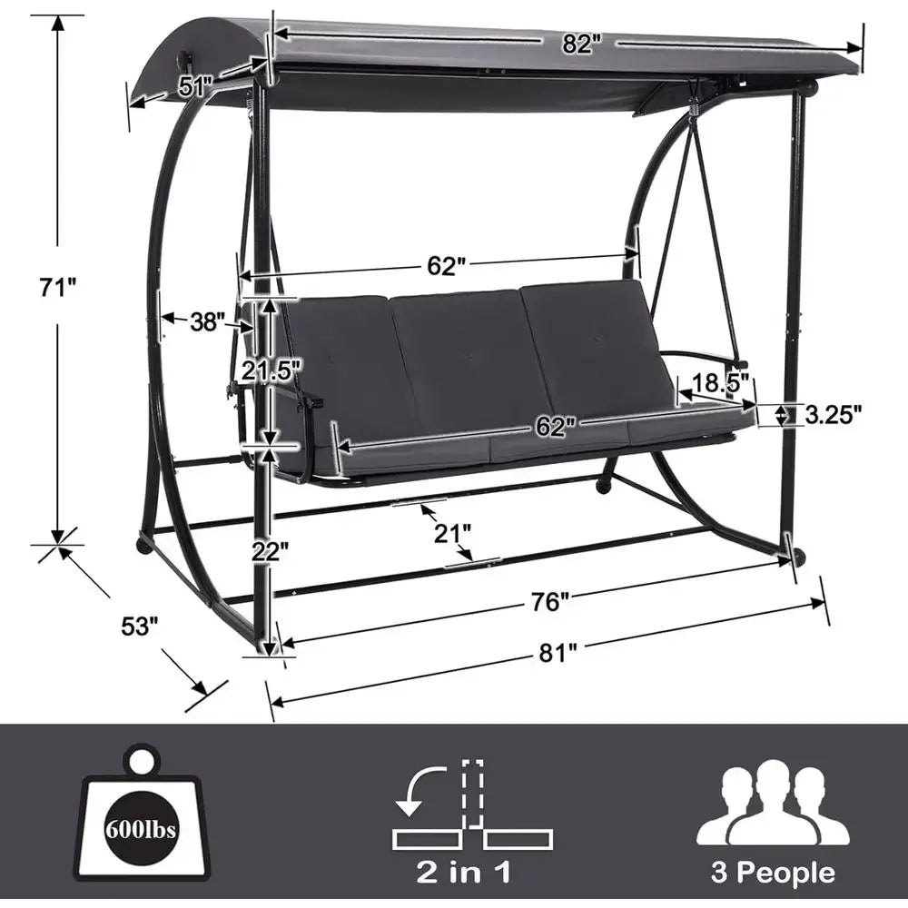 Adjustable 2-in-1 Porch Swing Bed with Cushion, Outdoor Swing Bench, Grey