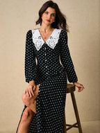 Womens Black White Polka Dot Button Front Midi Dress Lace Peter Pan Collar Long Sleeve Vintage Tea Party Dress