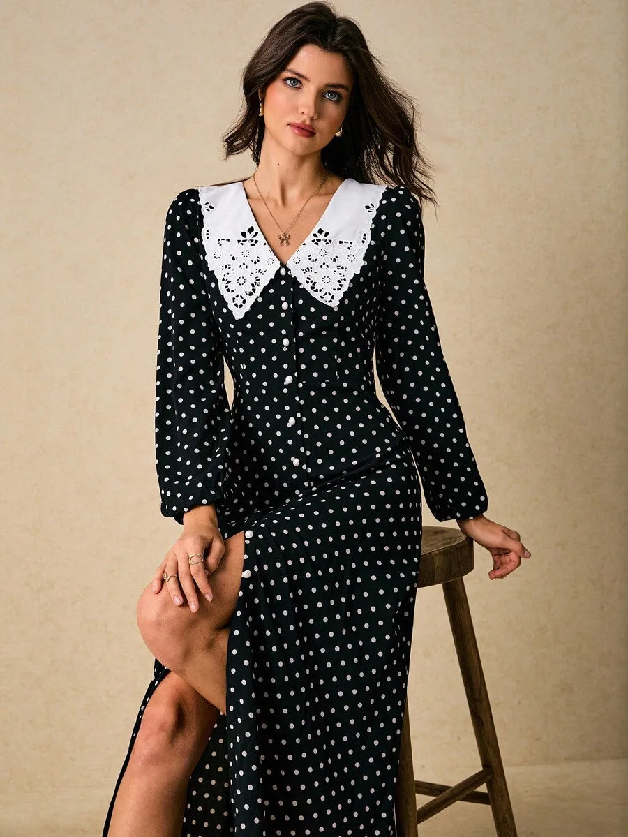 Womens Black White Polka Dot Button Front Midi Dress Lace Peter Pan Collar Long Sleeve Vintage Tea Party Dress