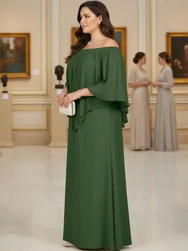 Women Plus Size Off Shoulder Long Maxi Dress Batwing Sleeve Chiffon Formal Wedding Guest Evening Party Gown