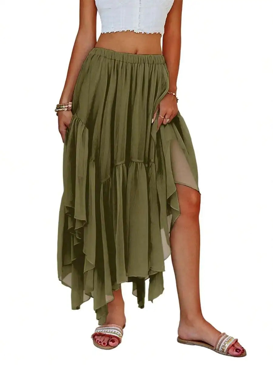 Womens Boho Asymmetric High-Low Hem Flowy Maxi Skirt Casual Summer