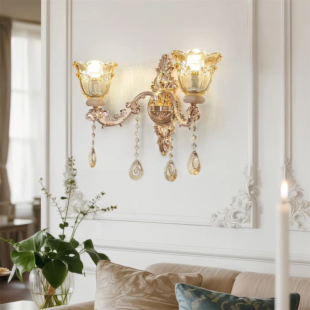 Luxury Gold Crystal Glass Wall Sconce with Flower Lampshade for Entrance Bedroom Hallway Decorative Lighting