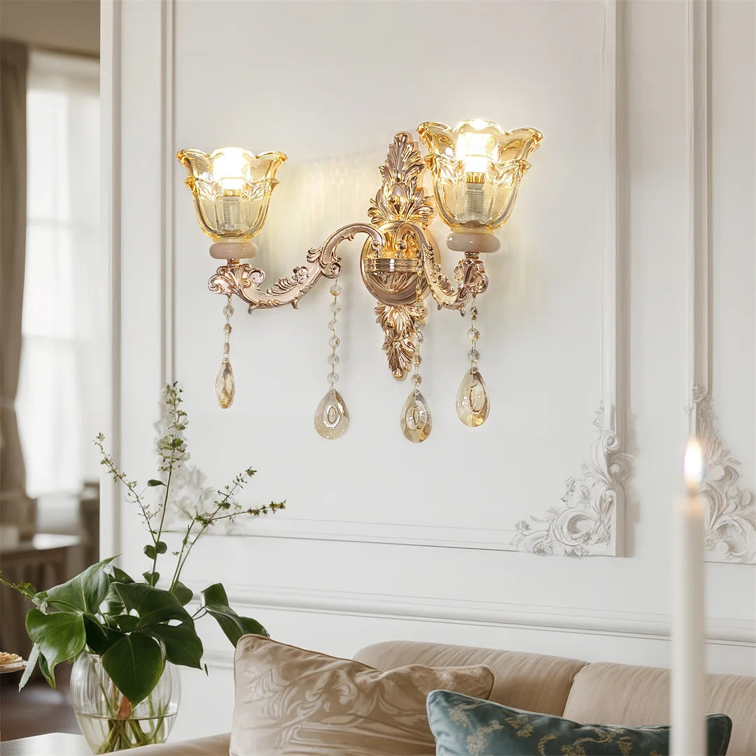 Luxury Gold Crystal Glass Wall Sconce with Flower Lampshade for Entrance Bedroom Hallway Decorative Lighting