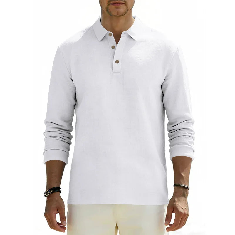 Men Vintage White Textured Linen Henley Polo Long Sleeve Shirt Lightweight Breathable Summer Beach Resort Relax Fit Daily Casual Office Tunic Shirts