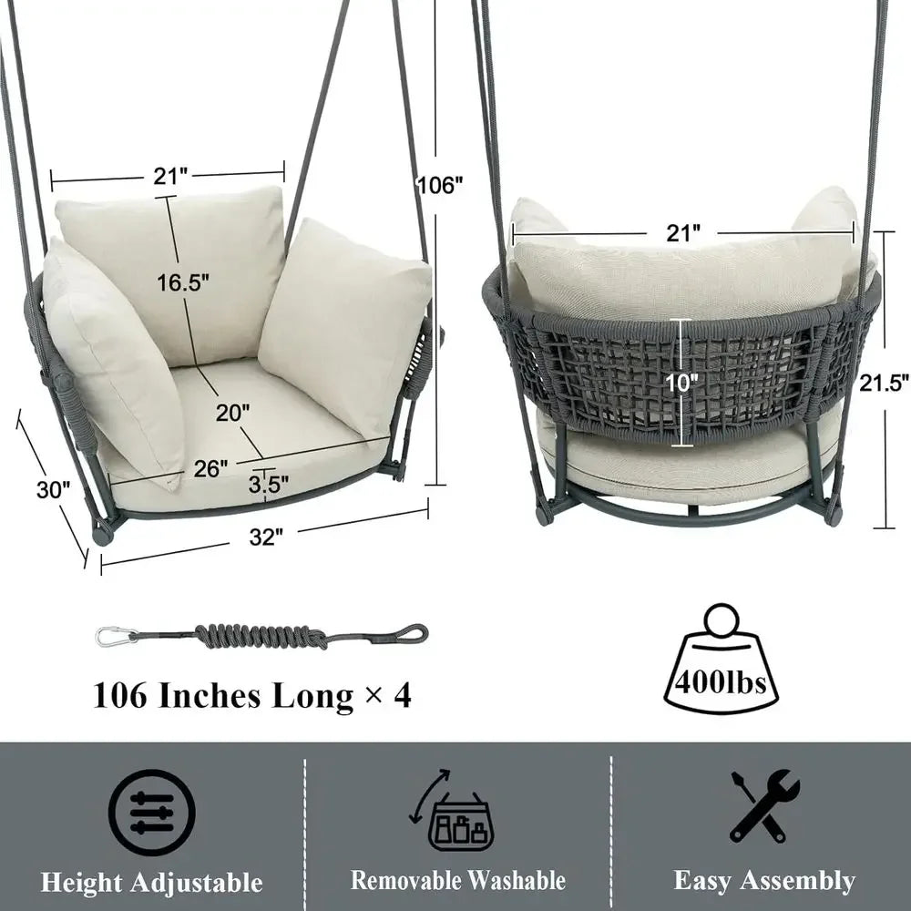 Cushioned Porch Swing Chair, Indoor/Outdoor Hanging Swing, Perfect for Patio or Balcony, Beige