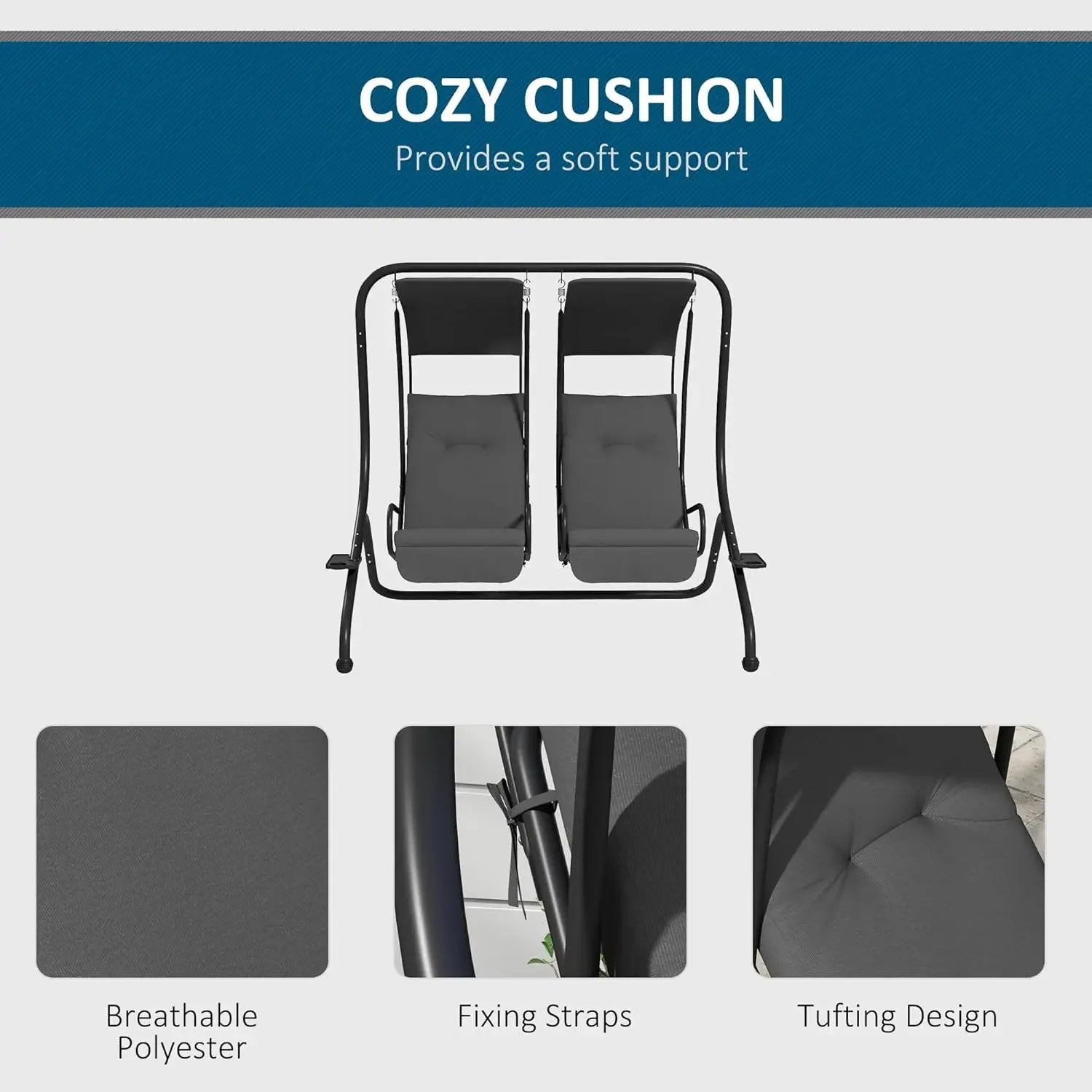 Double Seat Outdoor Patio Swing Chair Glider with Removable Canopy And Cup Holders for Porch Garden Poolsid Furniture