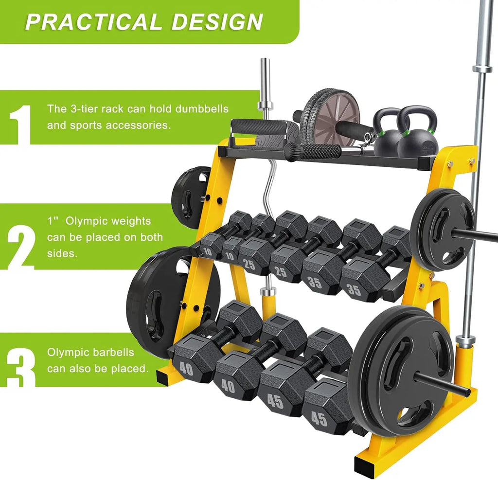 Heavy Duty Three Tier Dumbbell Rack Stand Multifunctional Weight Rack Storage Holder Display Stand Base Unit For Dumbbell Kettlebell Barbell Plate Barbell Bar Home Gym Yellow Black