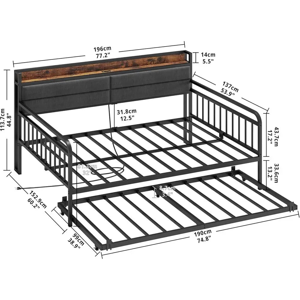 Metal Daybed with Trundle, Full Size Bed Frame, Upholstered Headboard, and Charging Station for Home, Black
