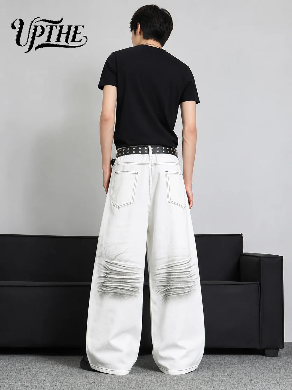 UP.THE Men White Gradient Washed Crinkle Baggy Wide Leg Jeans, Y2K Oversized Loose Distressed Denim Pants, Grunge Streetwear Trousers for Daily Outfits