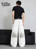 UP.THE Men White Gradient Washed Crinkle Baggy Wide Leg Jeans, Y2K Oversized Loose Distressed Denim Pants, Grunge Streetwear Trousers for Daily Outfits
