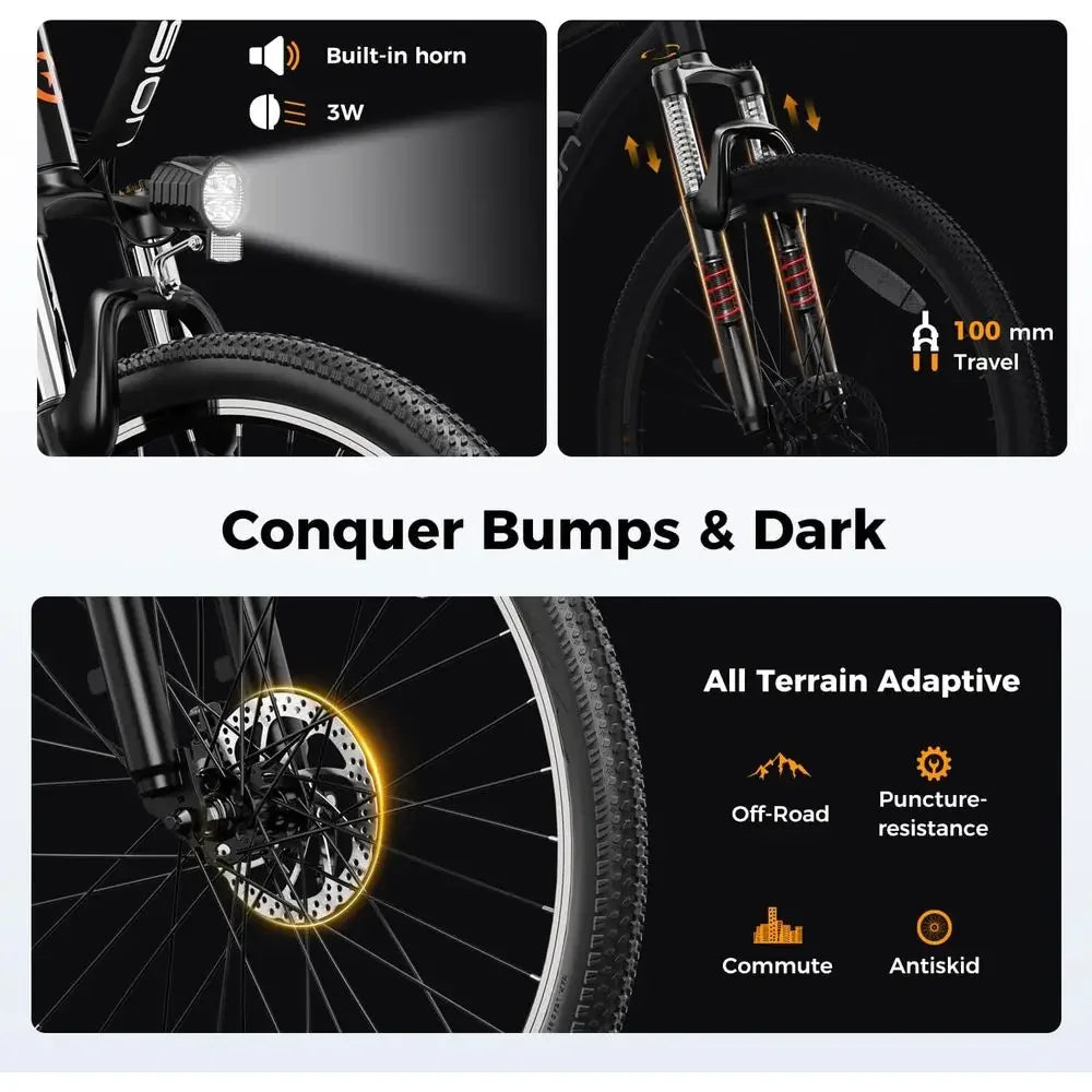 1000W Peak Brushless Motor Electric Mountain Bike, 40 Miles Range, 20MPH, 360Wh Battery, 7-Speed, 26 Tires, Front Suspension