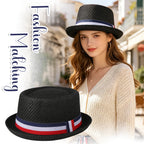 Red, white, and blue striped straw hat with rolled brim and decorative ribbon; retro casual jazz hat; unisex summer sun hat.