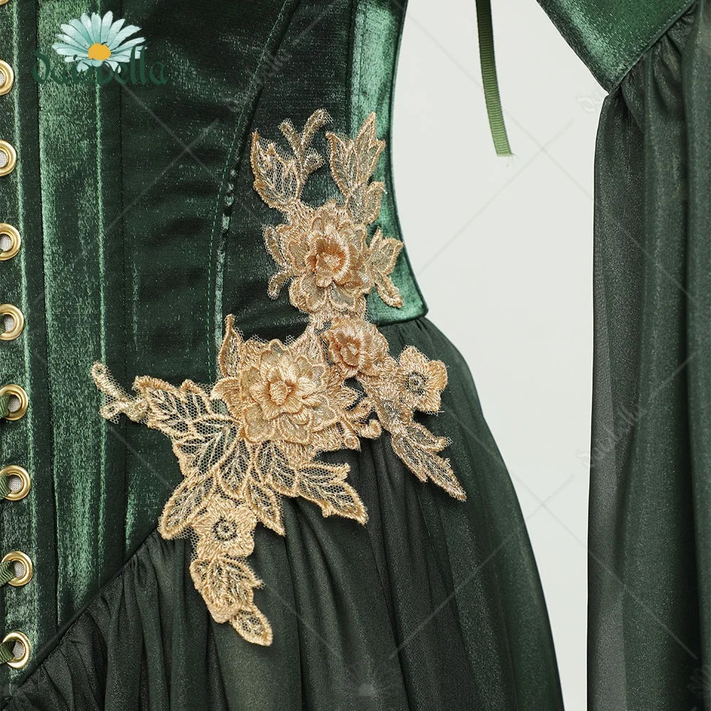 US Stock DAIZBELLA Women's Medieval Renaissance Costume Elf Style Only Green Dress with Sleeves for Halloween Cosplay Costume