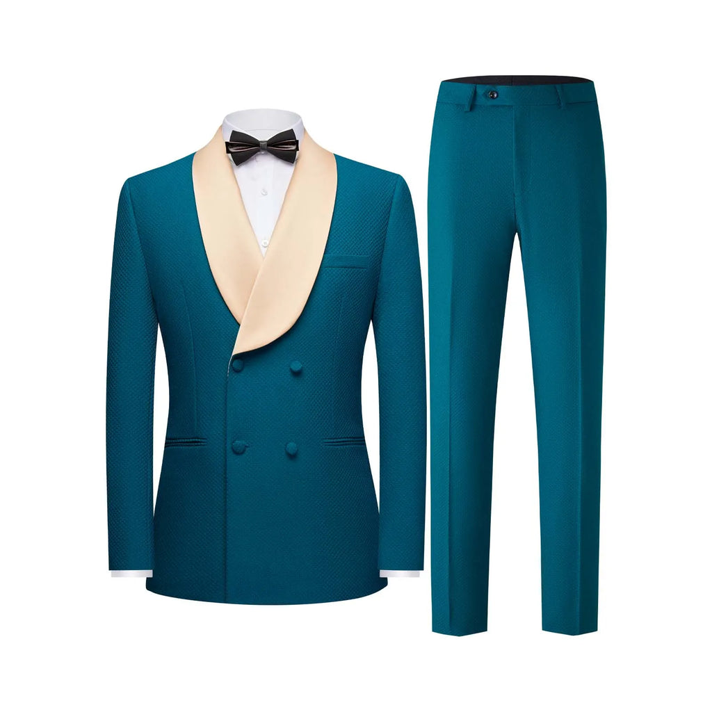 Men's Double Breasted Suit 2-Piece Set, Shawl Collar Waffle Texture Blazer Jacket & Pants, Formal Wedding Prom Business Wear