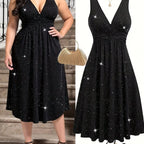 Plus Size - Plus Size - Plus Size Women'S Elegant Statement Shimmer V-Neck Ruched Waist Dress