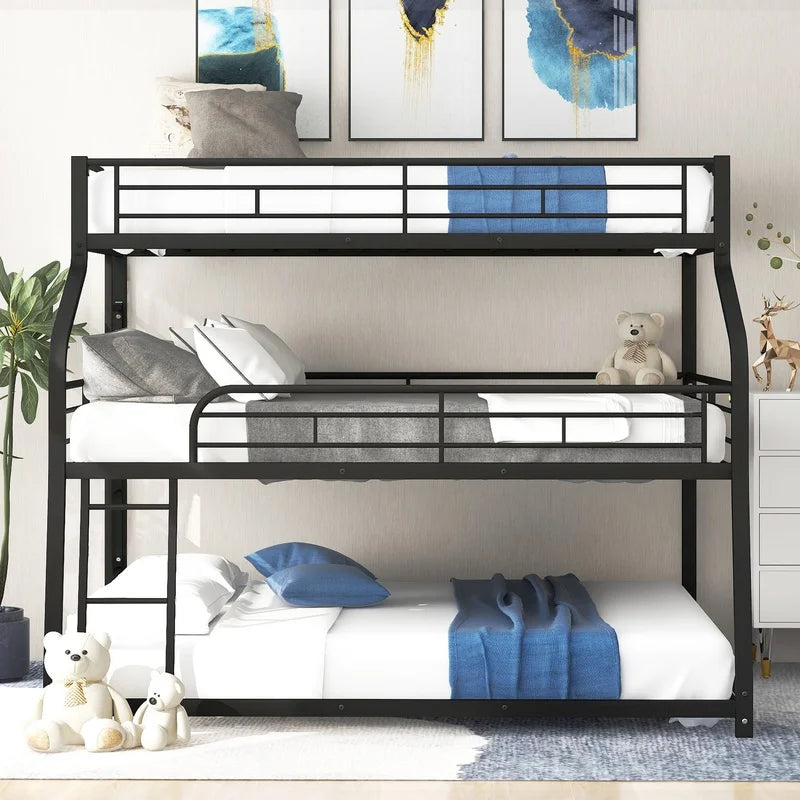 Black Twin XL Full XL Queen Triple Bunk Bed with Long Short Ladder and Full Guardrails