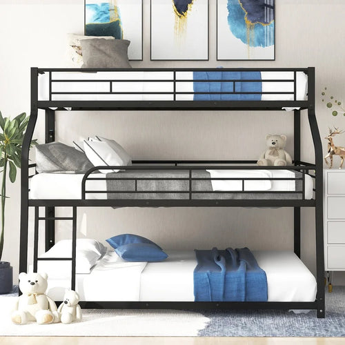 Black Twin XL Full XL Queen Triple Bunk Bed with Long Short Ladder and Full Guardrails