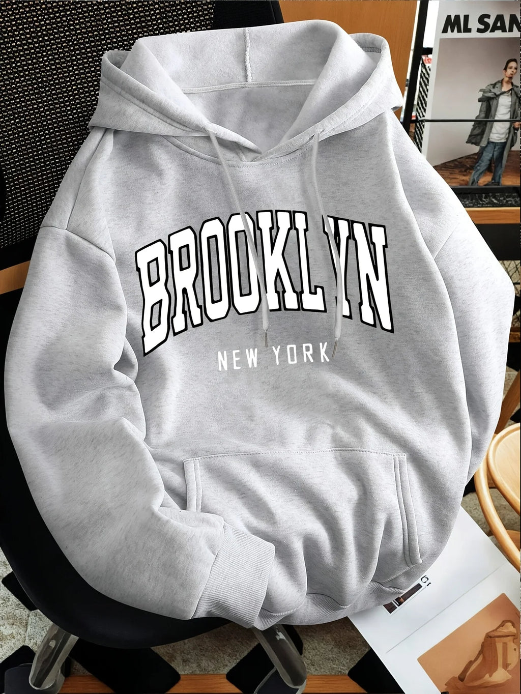 Men Vintage Print Casual Hoodie, Polyester Knit Sweatshirt With Front Kangaroo Pocket