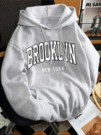 Men Vintage Print Casual Hoodie, Polyester Knit Sweatshirt With Front Kangaroo Pocket