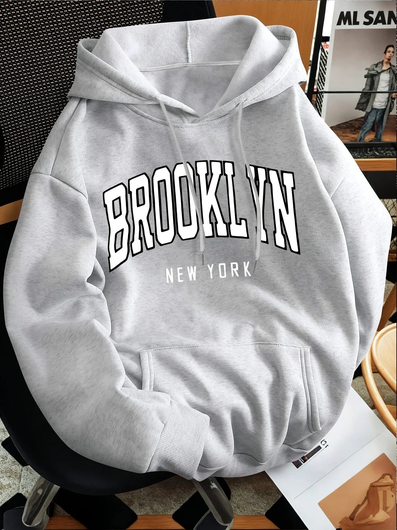 Men Vintage Print Casual Hoodie, Polyester Knit Sweatshirt With Front Kangaroo Pocket