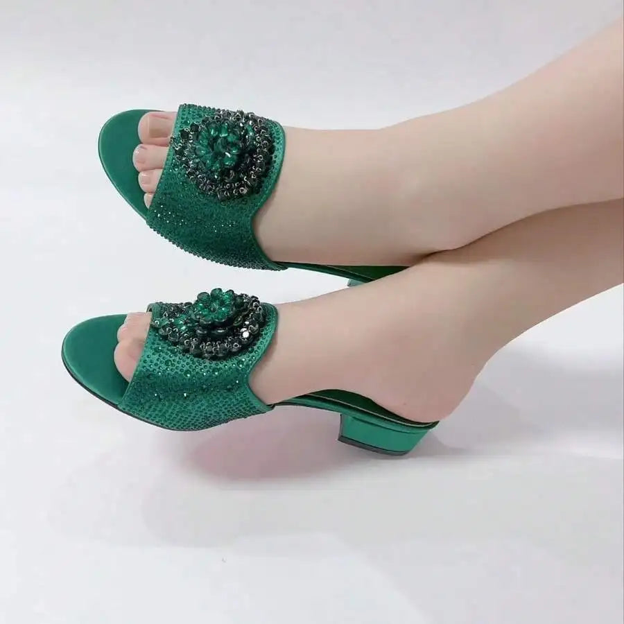 Elegant Flower Rhinestone Mules Women Mid Heel Slip On Open Toe Dress Sandals For Wedding Party Evening