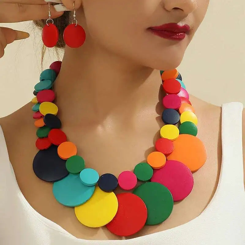 Africa Nigeria Jewelry Set Boho Double-layer Colored Geometric Round Wooden Beads Necklace Earrings For Women Trend 2025