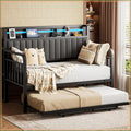 Daybed With Trundle And Led Light, Heavy Duty Metal Twin Bed Frame With Upholstered Storage Headboard & Charging Station, Pop Up Trundle Bed For Living Room, Bedroom And Guest Room