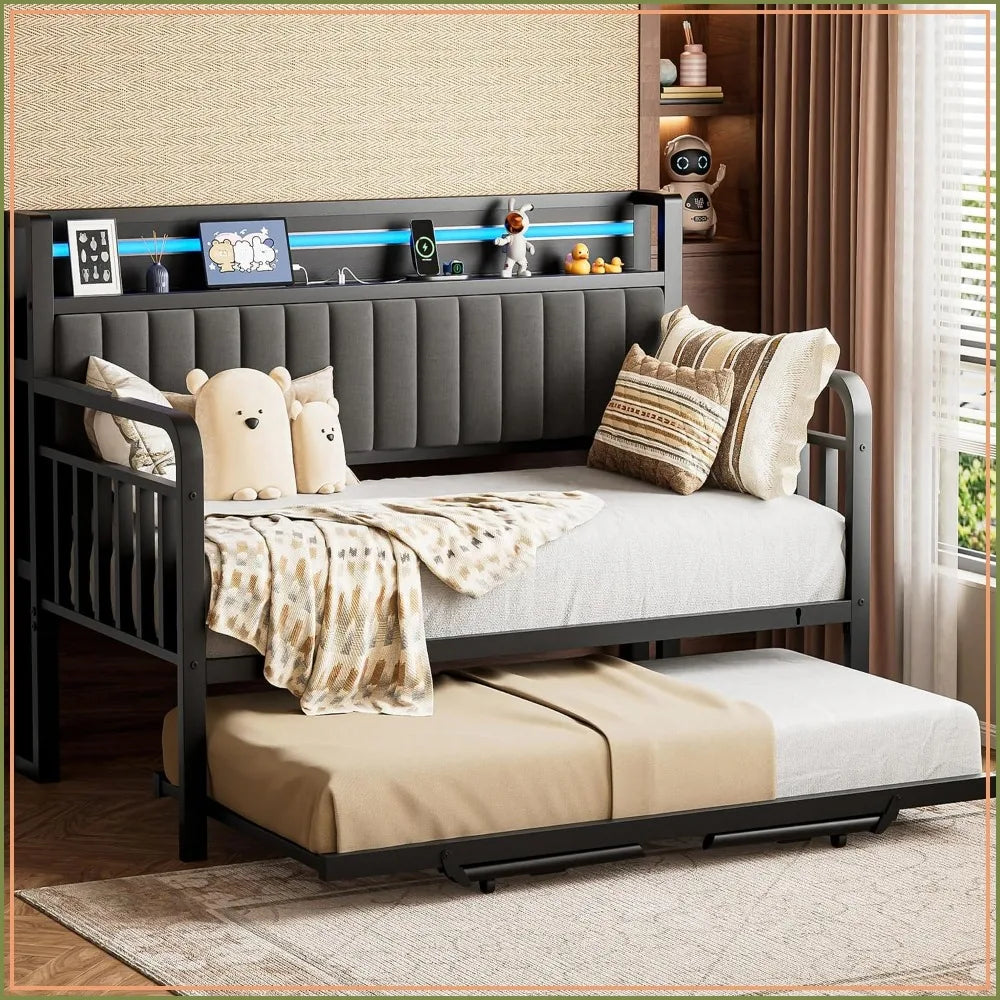 Daybed With Trundle And Led Light, Heavy Duty Metal Twin Bed Frame With Upholstered Storage Headboard & Charging Station, Pop Up Trundle Bed For Living Room, Bedroom And Guest Room
