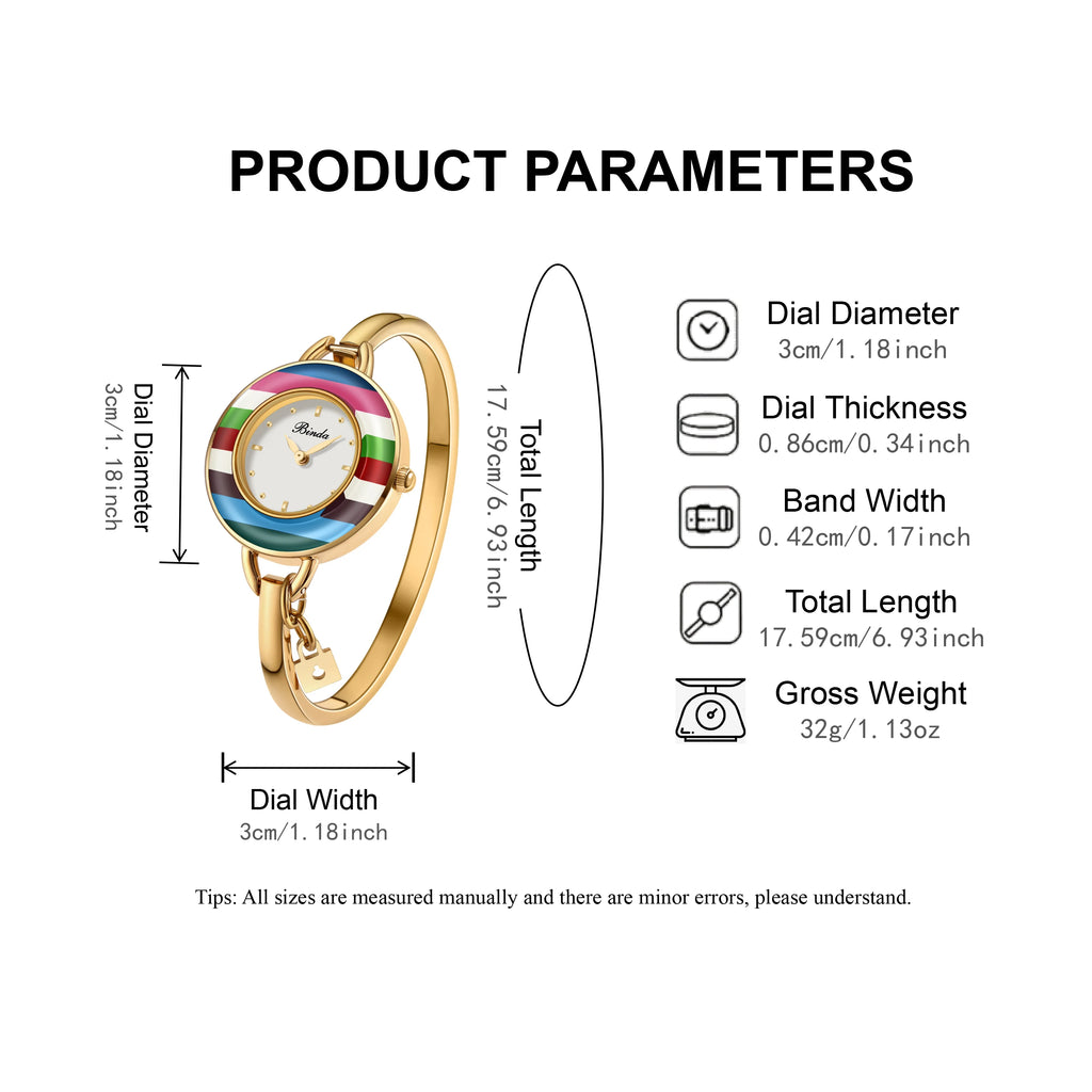 Binda Women’s Elegant Waterproof Quartz Watch – Rainbow Gold Stainless Steel Bracelet, Round Delicate Dial