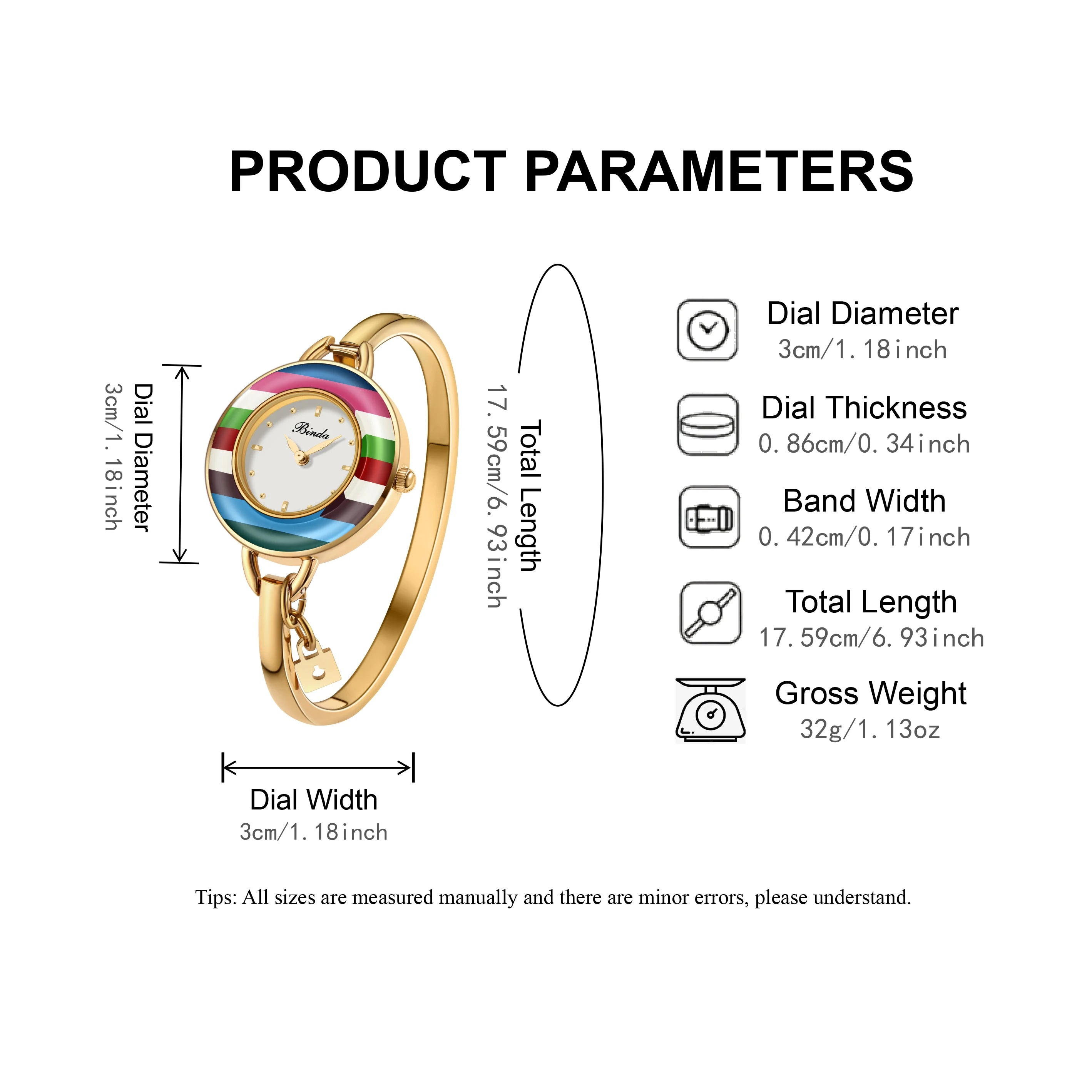 Binda Women’s Elegant Waterproof Quartz Watch – Rainbow Gold Stainless Steel Bracelet, Round Delicate Dial