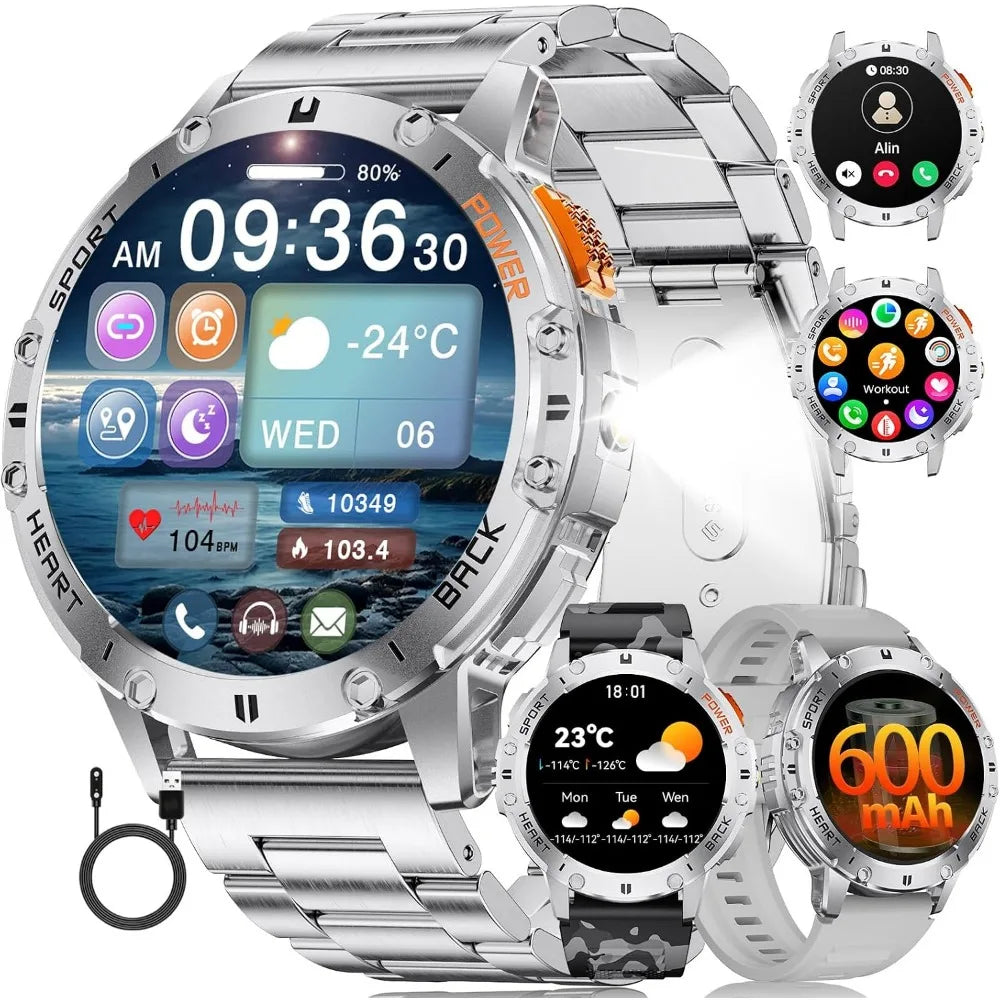 Military Smart Watches for Men: 600mAh Battery, 1.43" AMOLED Screen, Heart Rate Monitor, 110+ Sports Modes