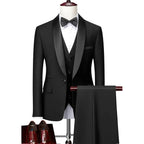 Men Lapel Black Collar 3 Pcs Suit Set Coat Vest Trousers / Business Groom Wedding Dress Fprmal Blazer Pants Waistcoat