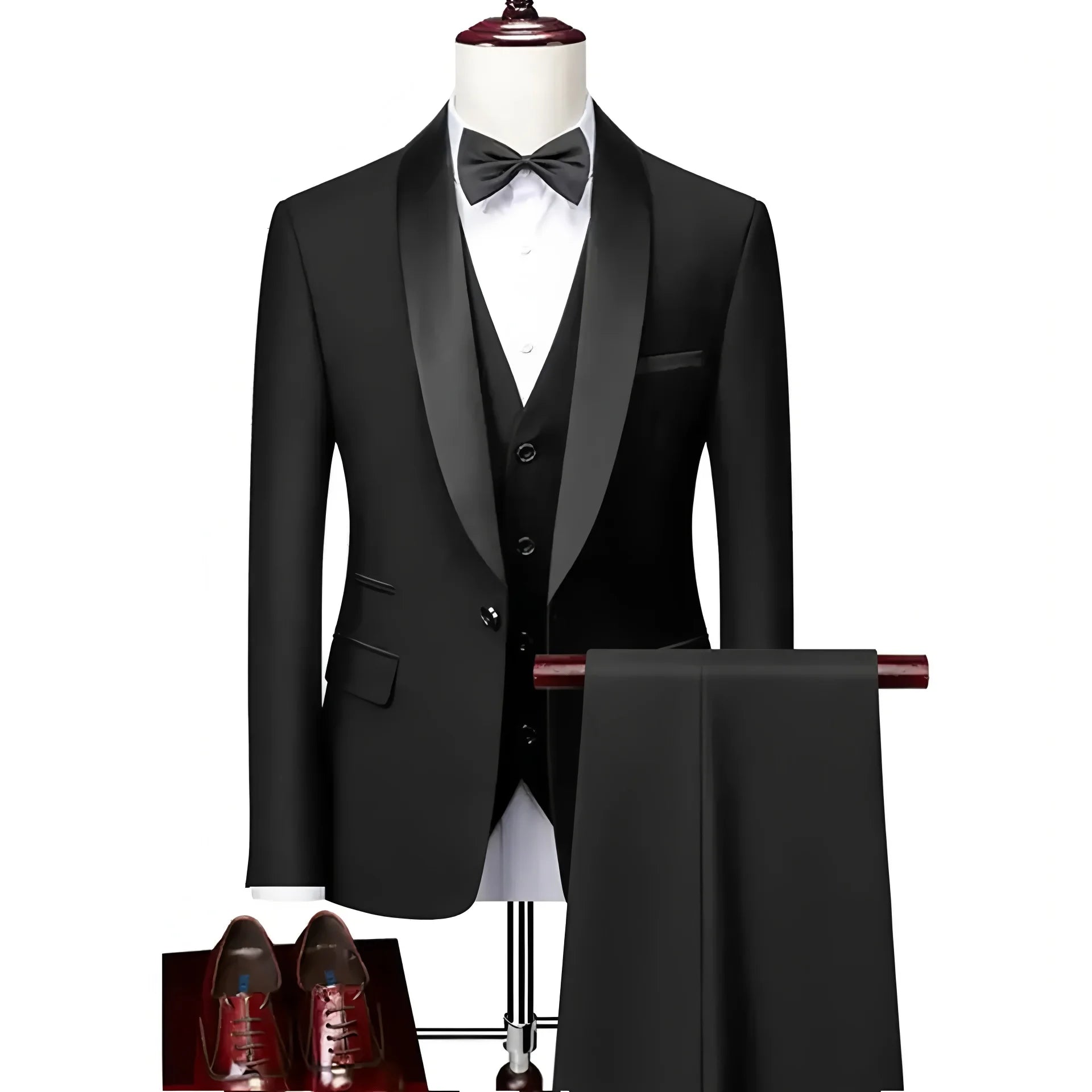 Men Lapel Black Collar 3 Pcs Suit Set Coat Vest Trousers / Business Groom Wedding Dress Fprmal Blazer Pants Waistcoat