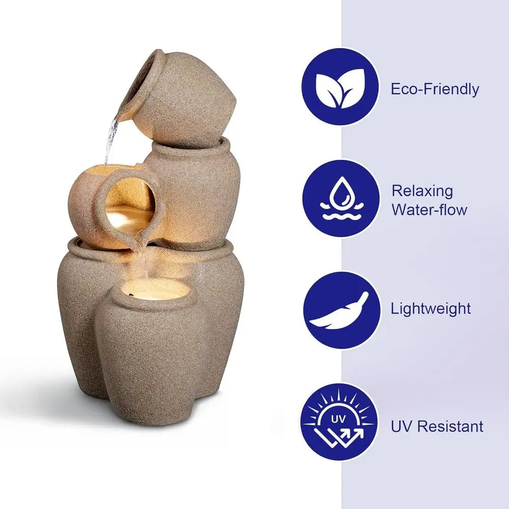 Eco-Friendly 3-Tier Cascading Jars Outdoor Water Fountain with LED Lights for Patio and Backyard Decor
