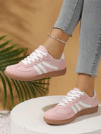 Womens Pink Casual Flat Sneakers With White Stripes Comfortable Lace-Up Shoes For Spring Summer