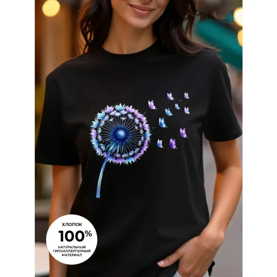 【New Arrival】Dandelion Butterfly Watercolor Print T-Shirt Women's Summer Cotton Casual Top