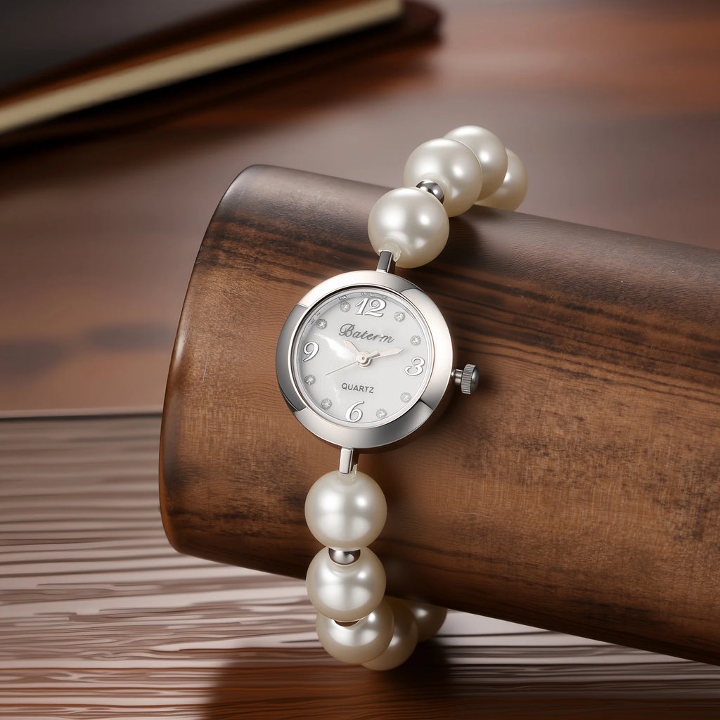 Women's faux pearl beaded bracelet watch, adjustable sliding clasp strap, quartz analog dial, faux diamond embellishments, Arabic numeral markers, stylish and exquisite, a perfect gift for girls and women