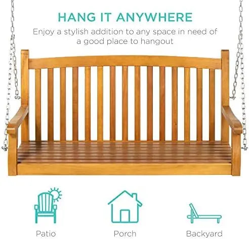 48in Wood Porch Swing Outdoor Patio Hanging Bench Chair Furniture for Deck, Garden, Yard w/Mounting Chains, Curved Back