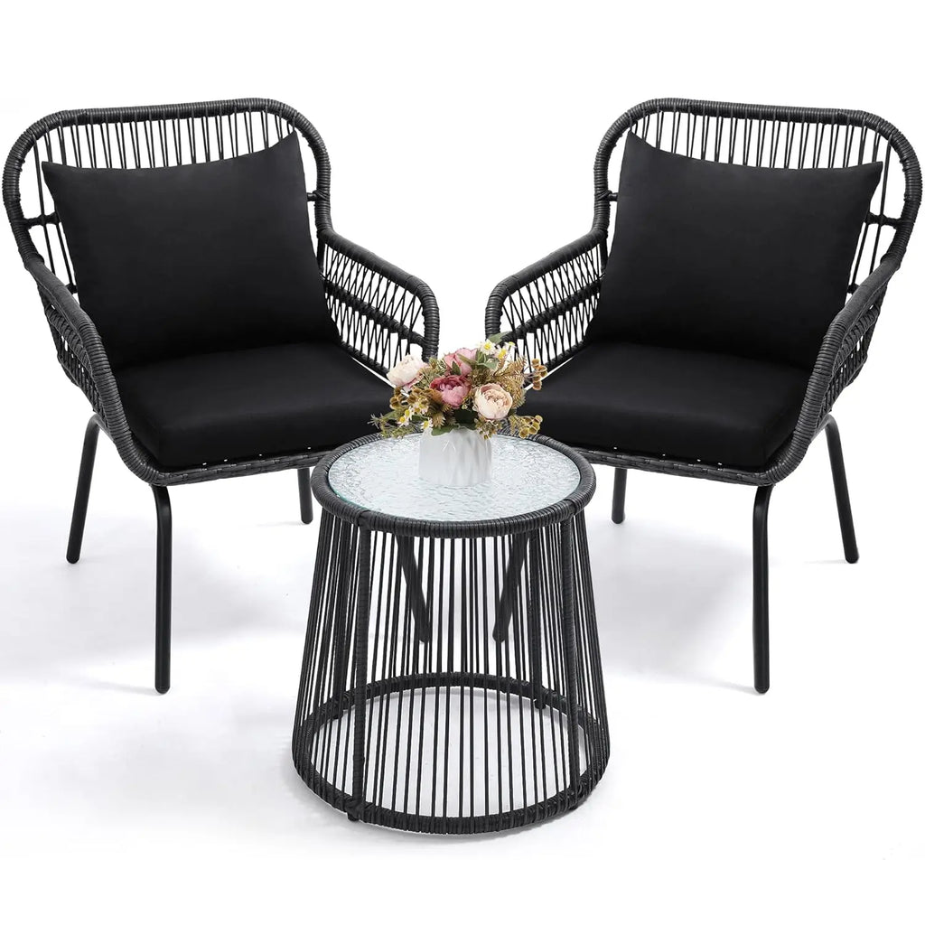 3 Pieces Bistro Set, Woven Rope Chair with Cushions, All Weather Patio Conversation Set and Side Table, Ideal for, Customized