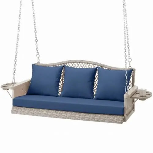 Upgraded Wicker Hanging Porch Swing Heavy Duty 900lbs 3-Seat Outdoor Patio Swing Chair Bench for Adult w/ 8.9ft Hanging