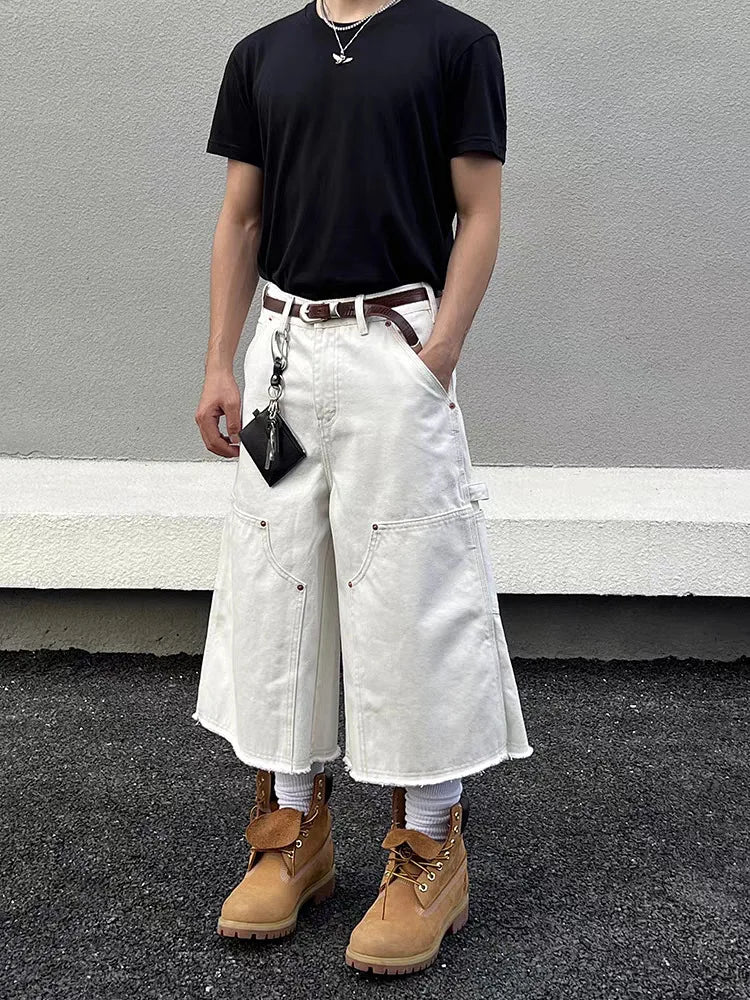 Men's White Baggy Wide Leg Carpenter Denim Jorts Frayed Raw Hem Y2K Street Style Casual Daily Going Out Loose Fit Streetwear Shorts