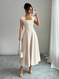Elegant Cream White Square Neck Cinched Waist A-Line Midi Dress