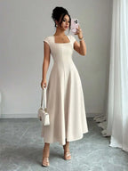 Elegant Cream White Square Neck Cinched Waist A-Line Midi Dress